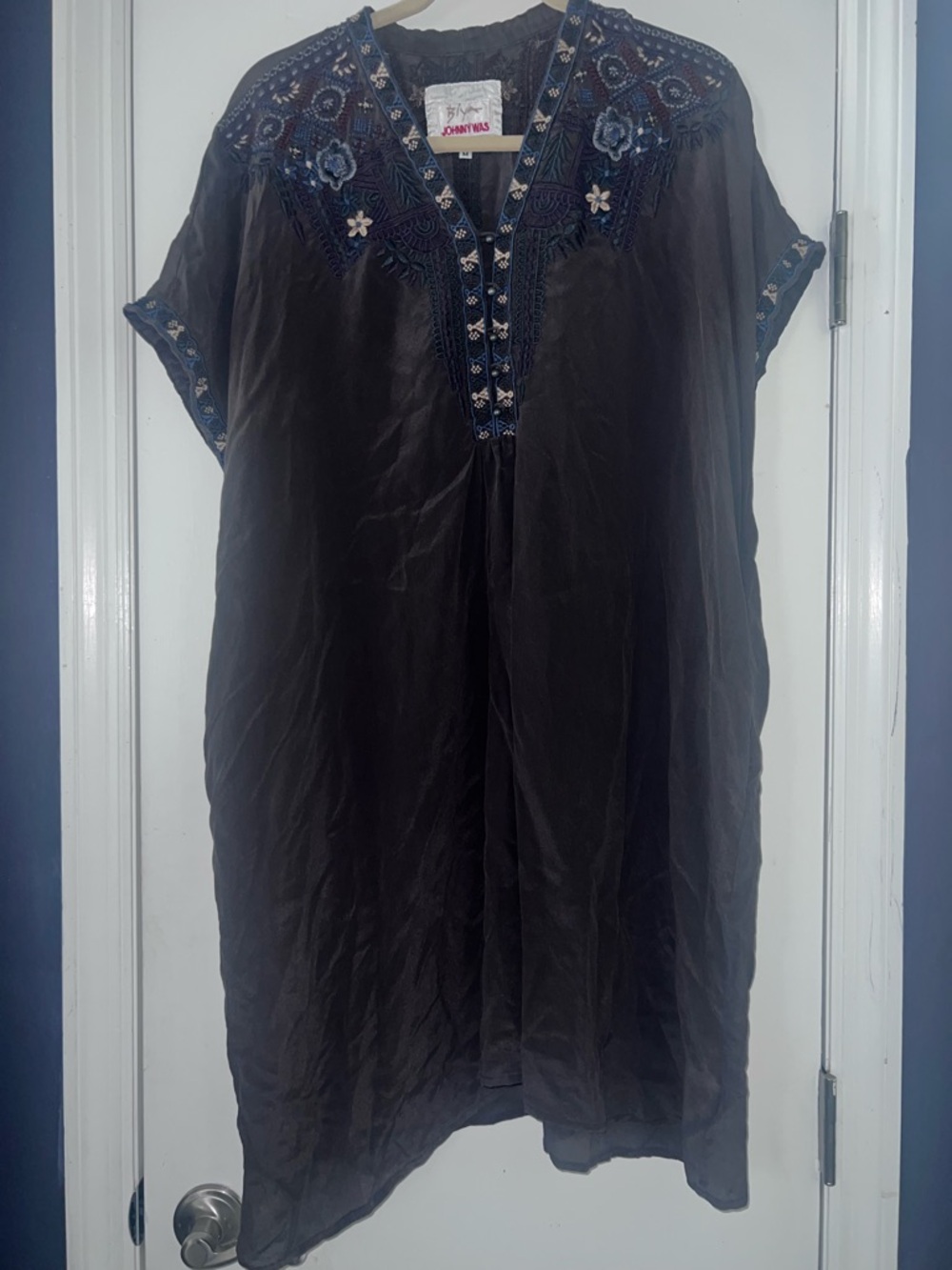 Johnny Was Black Midi Dress with Blue Embroidered Yoke